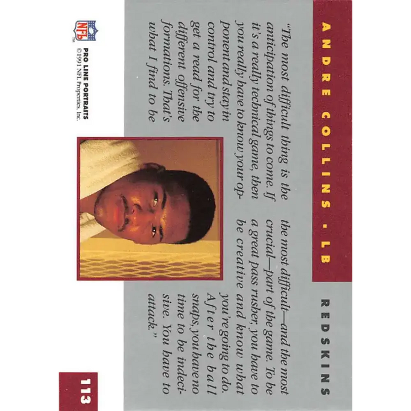1991 Pro Line Portraits #113 Andre Collins EX-NM Washington Redskins Football Card - Football Card Single