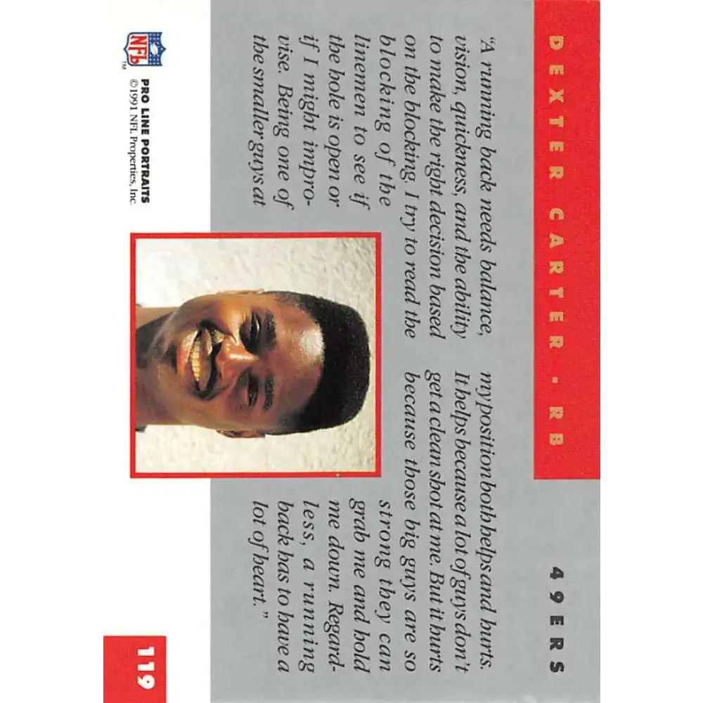 1991 Pro Line Portraits #119 Dexter Carter EX-NM San Francisco 49ers Football Card - Football Card Single