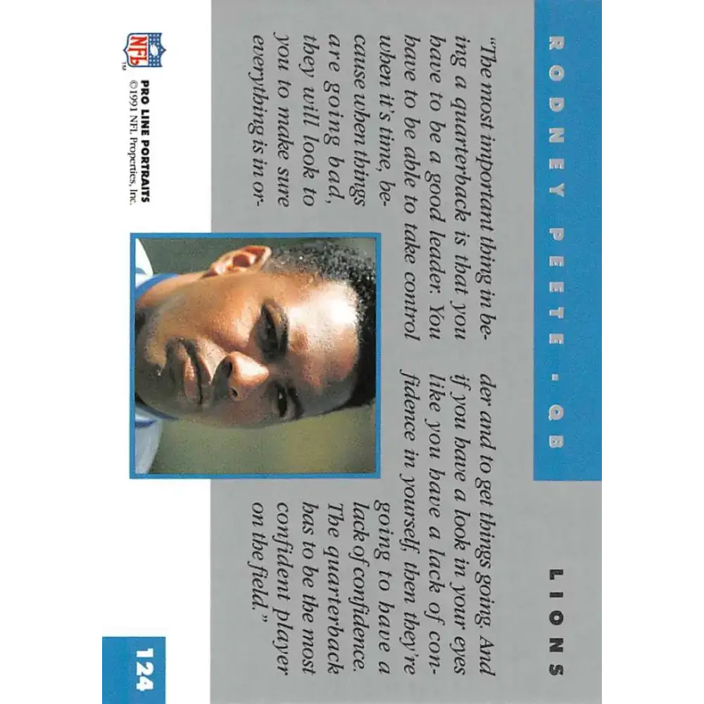 1991 Pro Line Portraits #124 Rodney Peete EX-NM Detroit Lions Football Card - Football Card Single
