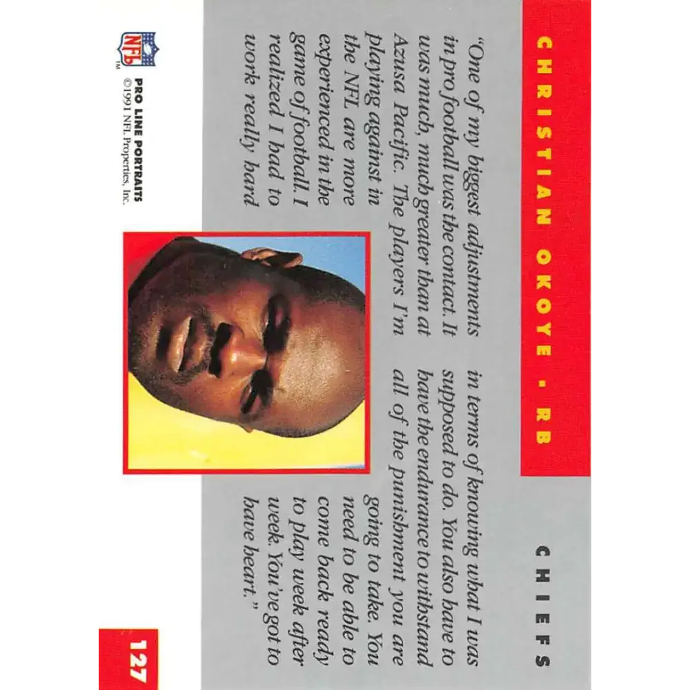 1991 Pro Line Portraits #127 Christian Okoye EX-NM Kansas City Chiefs Football Card - Football Card Single