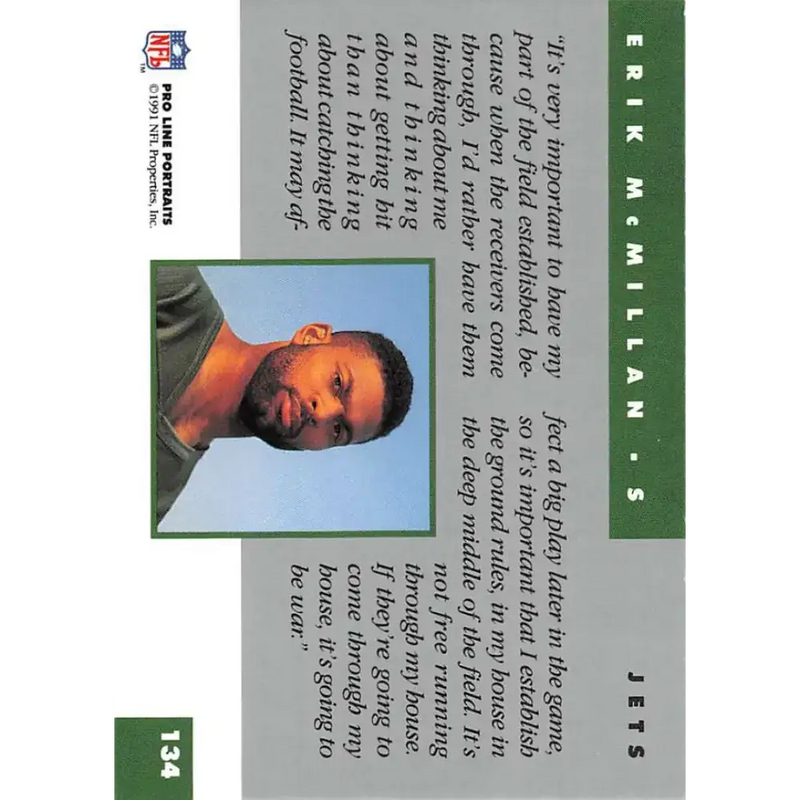 1991 Pro Line Portraits #134 Erik McMillan EX-NM New York Jets Football Card - Football Card Single
