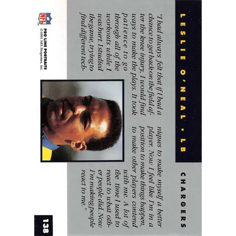 1991 Pro Line Portraits #138 Leslie O’Neal EX-NM San Diego Chargers Football Card - Football Card Single