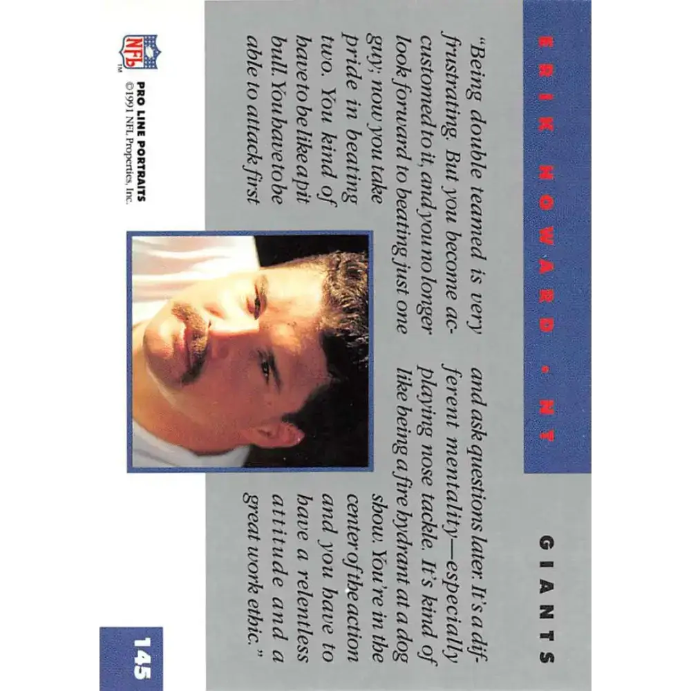 1991 Pro Line Portraits #145 Erik Howard EX-NM New York Giants Football Card - Football Card Single