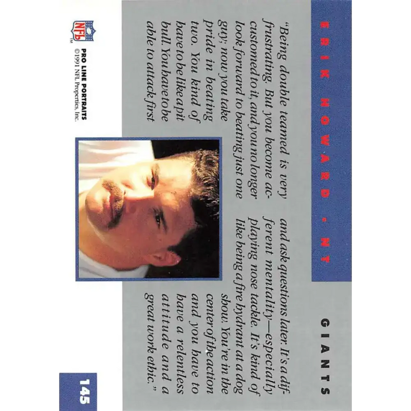 1991 Pro Line Portraits #145 Erik Howard EX-NM New York Giants Football Card - Football Card Single