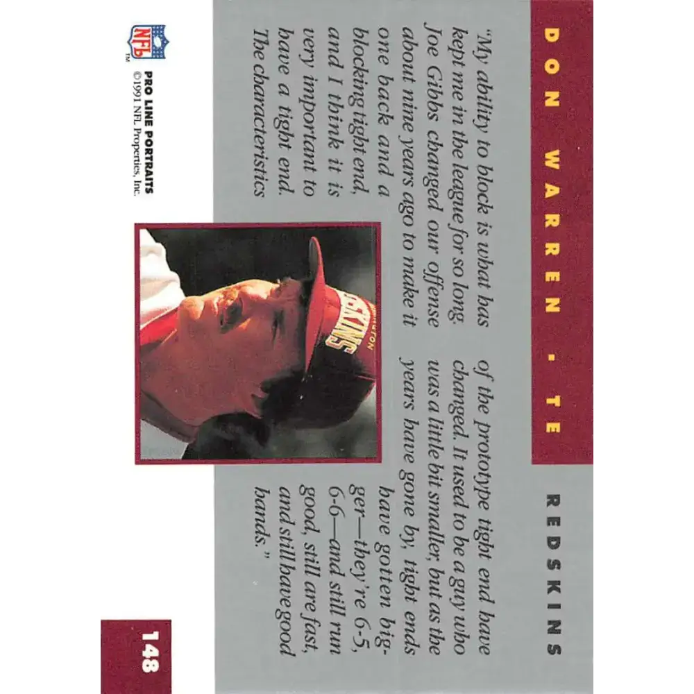 1991 Pro Line Portraits #148 Don Warren EX-NM Washington Redskins Football Card - Football Card Single