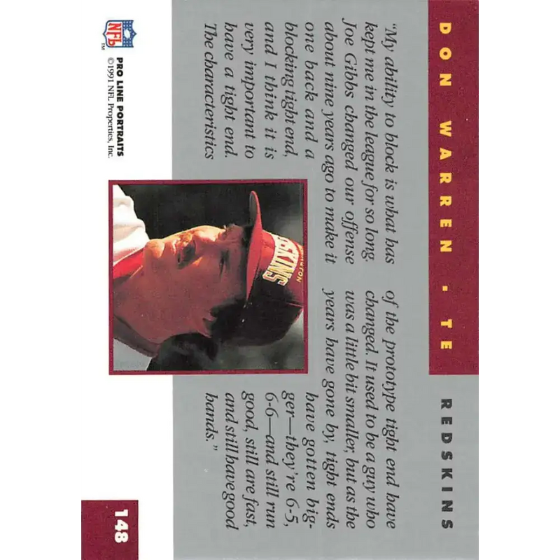 1991 Pro Line Portraits #148 Don Warren EX-NM Washington Redskins Football Card - Football Card Single