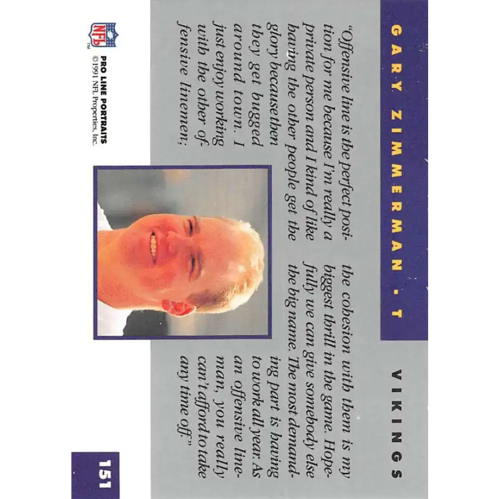 1991 Pro Line Portraits #151 Gary Zimmerman EX-NM Minnesota Vikings Football Card - Football Card Single