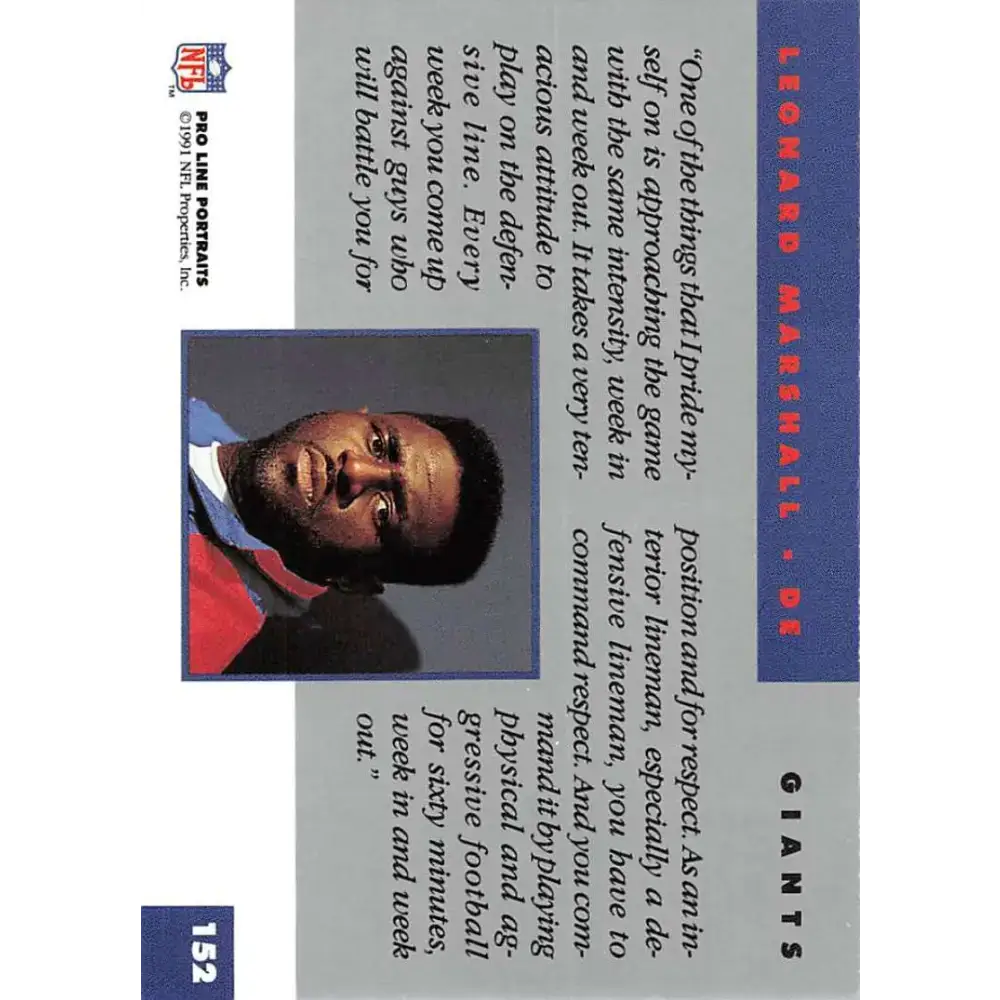 1991 Pro Line Portraits #152 Leonard Marshall EX-NM New York Giants Football Card - Football Card Single