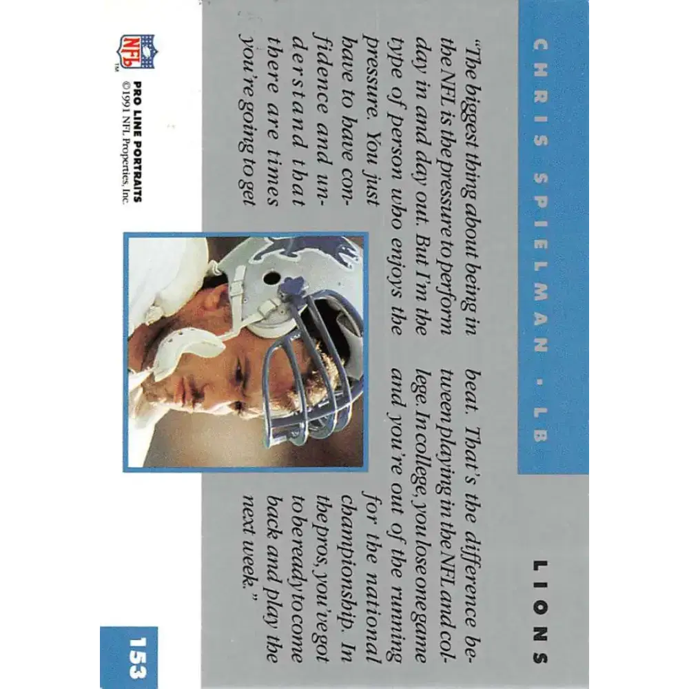 1991 Pro Line Portraits #153 Chris Spielman EX-NM Detroit Lions Football Card - Football Card Single