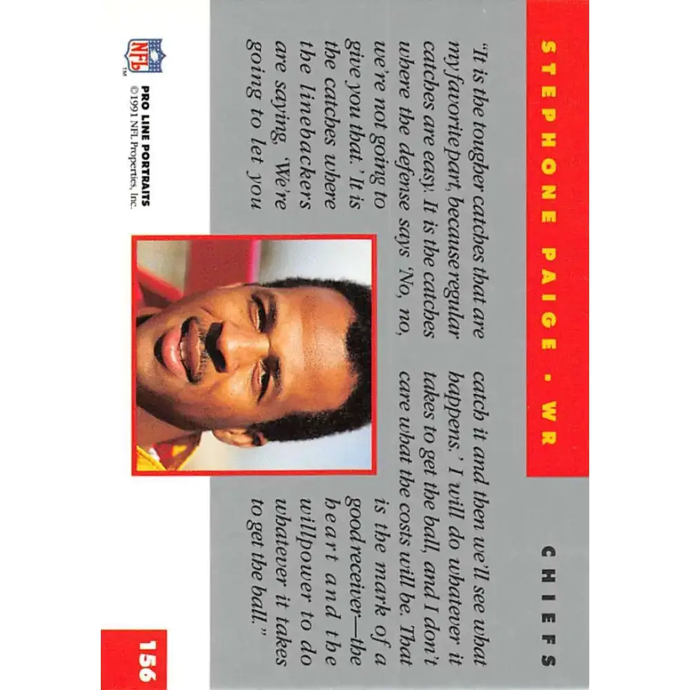 1991 Pro Line Portraits #156 Stephone Paige EX-NM Kansas City Chiefs Football Card - Football Card Single