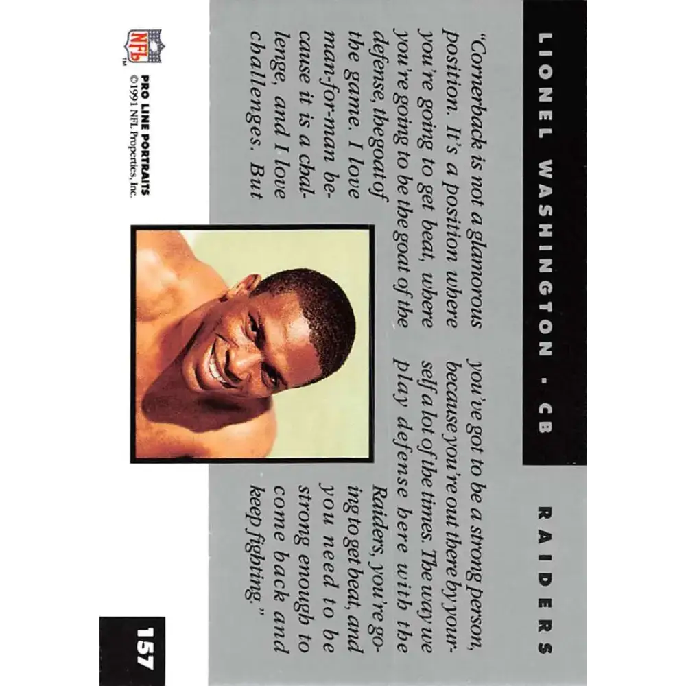 1991 Pro Line Portraits #157 Lionel Washington EX-NM Los Angeles Raiders Football Card - Football Card Single