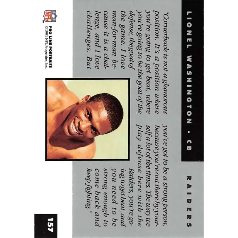 1991 Pro Line Portraits #157 Lionel Washington EX-NM Los Angeles Raiders Football Card - Football Card Single