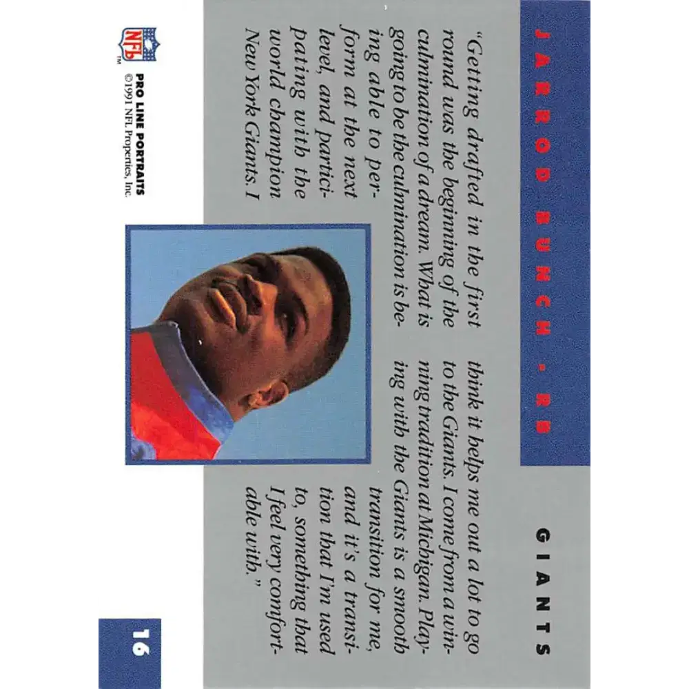 1991 Pro Line Portraits #16 Jarrod Bunch EX-NM RC Rookie New York Giants Football Card - Football Card Single
