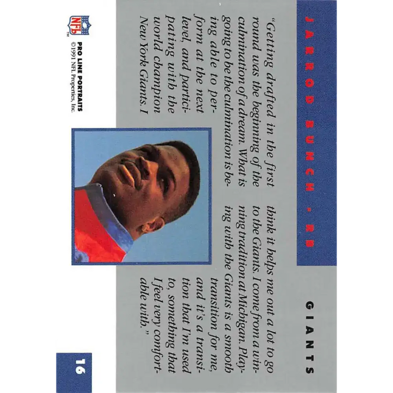 1991 Pro Line Portraits #16 Jarrod Bunch EX-NM RC Rookie New York Giants Football Card - Football Card Single