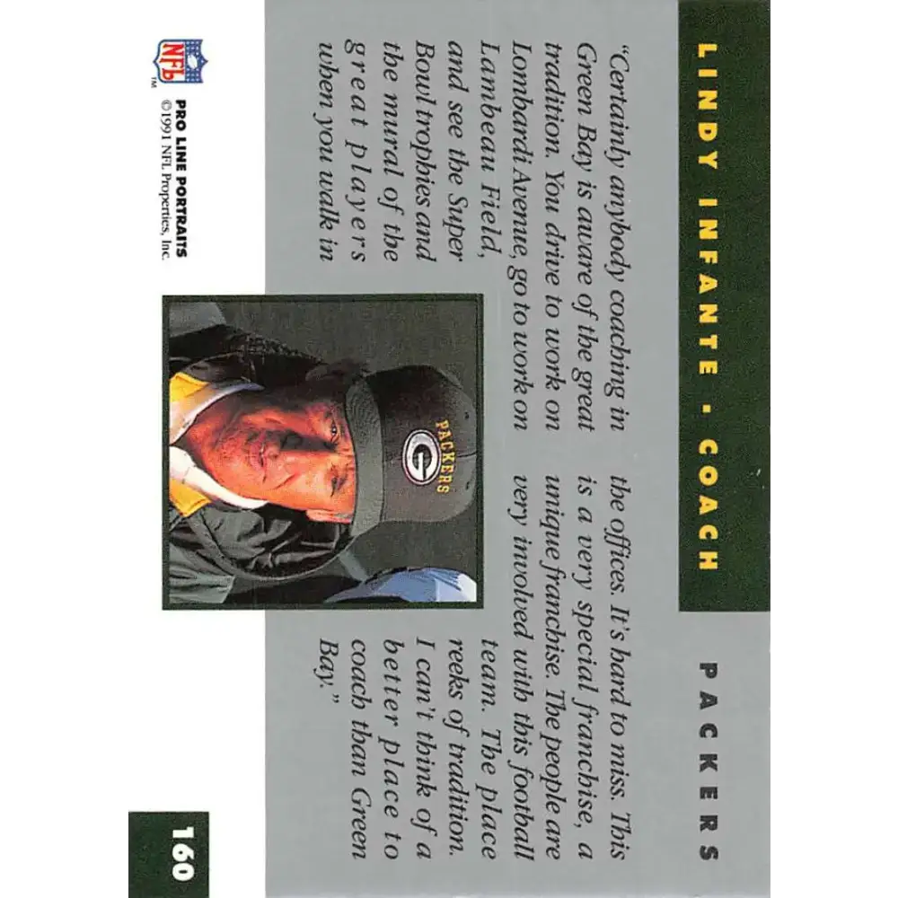 1991 Pro Line Portraits #160 Lindy Infante EX-NM Green Bay Packers Football Card - Football Card Single