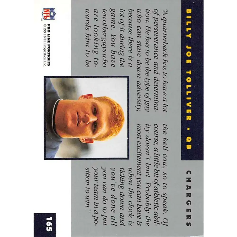 1991 Pro Line Portraits #165 Billy Joe Tolliver EX-NM San Diego Chargers Football Card - Football Card Single