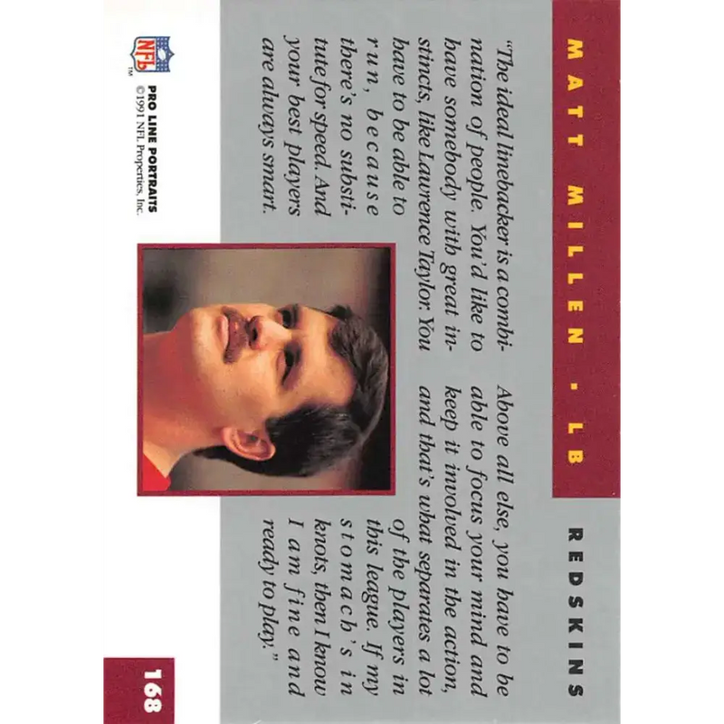1991 Pro Line Portraits #168 Matt Millen EX-NM Washington Redskins Football Card - Football Card Single