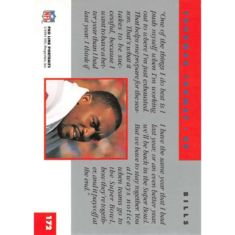 1991 Pro Line Portraits #172 Thurman Thomas EX-NM Buffalo Bills Football Card - Football Card Single