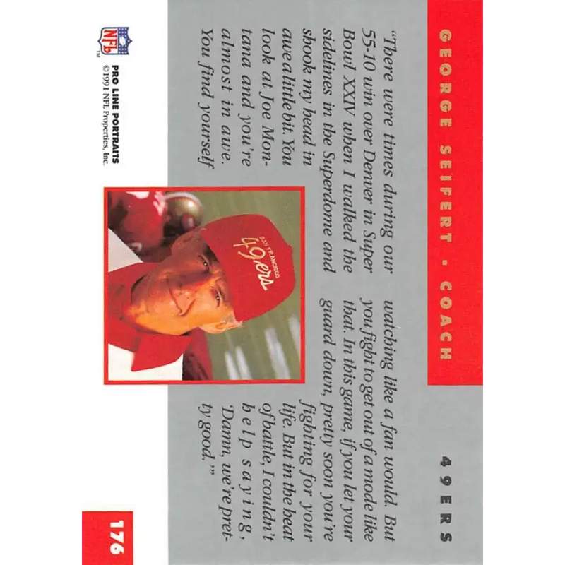 1991 Pro Line Portraits #176 George Seifert EX-NM San Francisco 49ers Football Card - Football Card Single