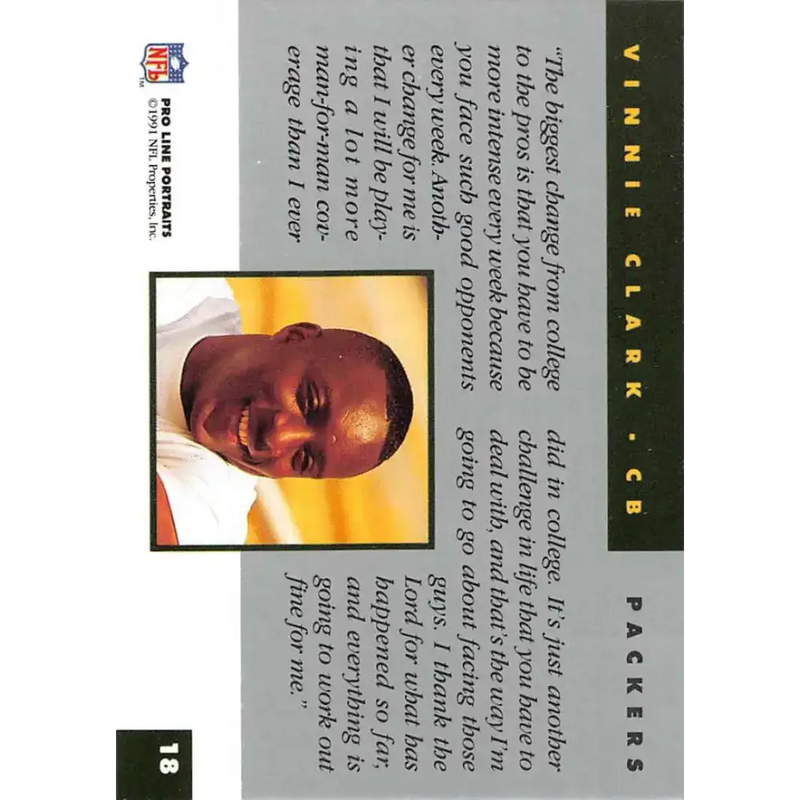 1991 Pro Line Portraits #18 Vinnie Clark EX-NM RC Rookie Green Bay Packers Football Card - Football Card Single