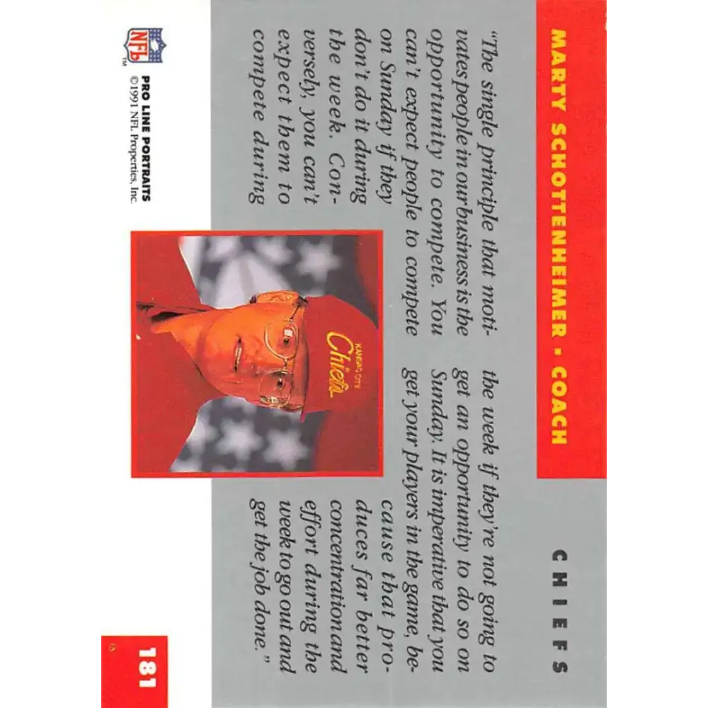 1991 Pro Line Portraits #181 Marty Schottenheimer EX-NM Kansas City Chiefs Football Card - Football Card Single