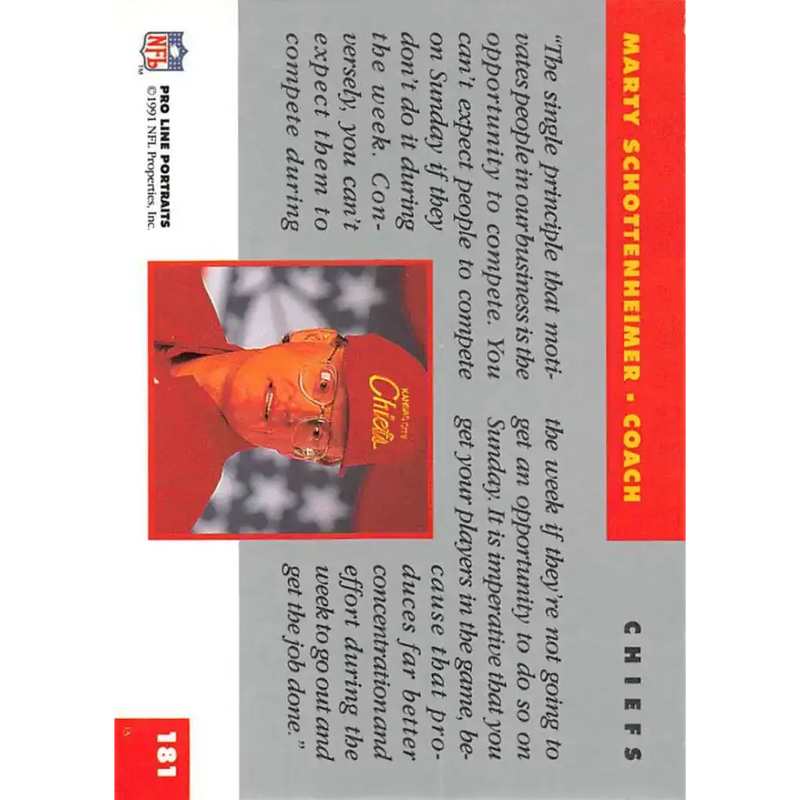 1991 Pro Line Portraits #181 Marty Schottenheimer EX-NM Kansas City Chiefs Football Card - Football Card Single