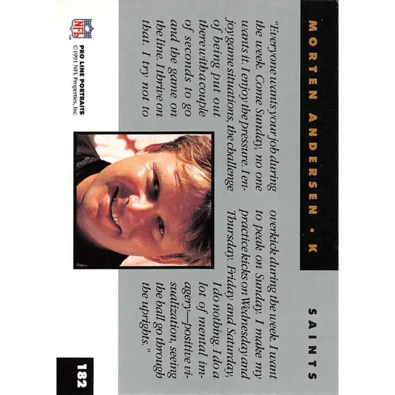 1991 Pro Line Portraits #182 Morten Andersen EX-NM New Orleans Saints Football Card - Football Card Single