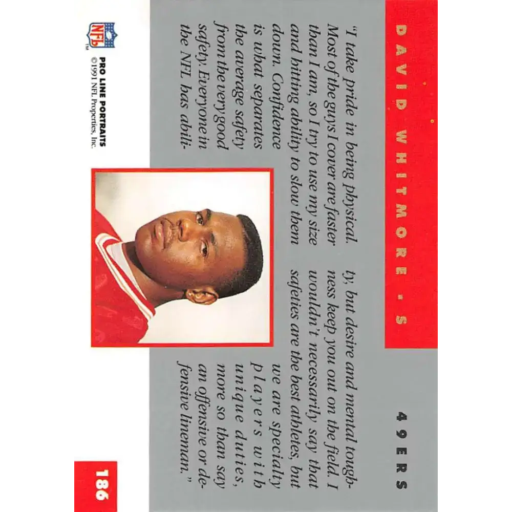 1991 Pro Line Portraits #186 David Whitmore EX-NM RC Rookie San Francisco 49ers Football Card - Football Card Single