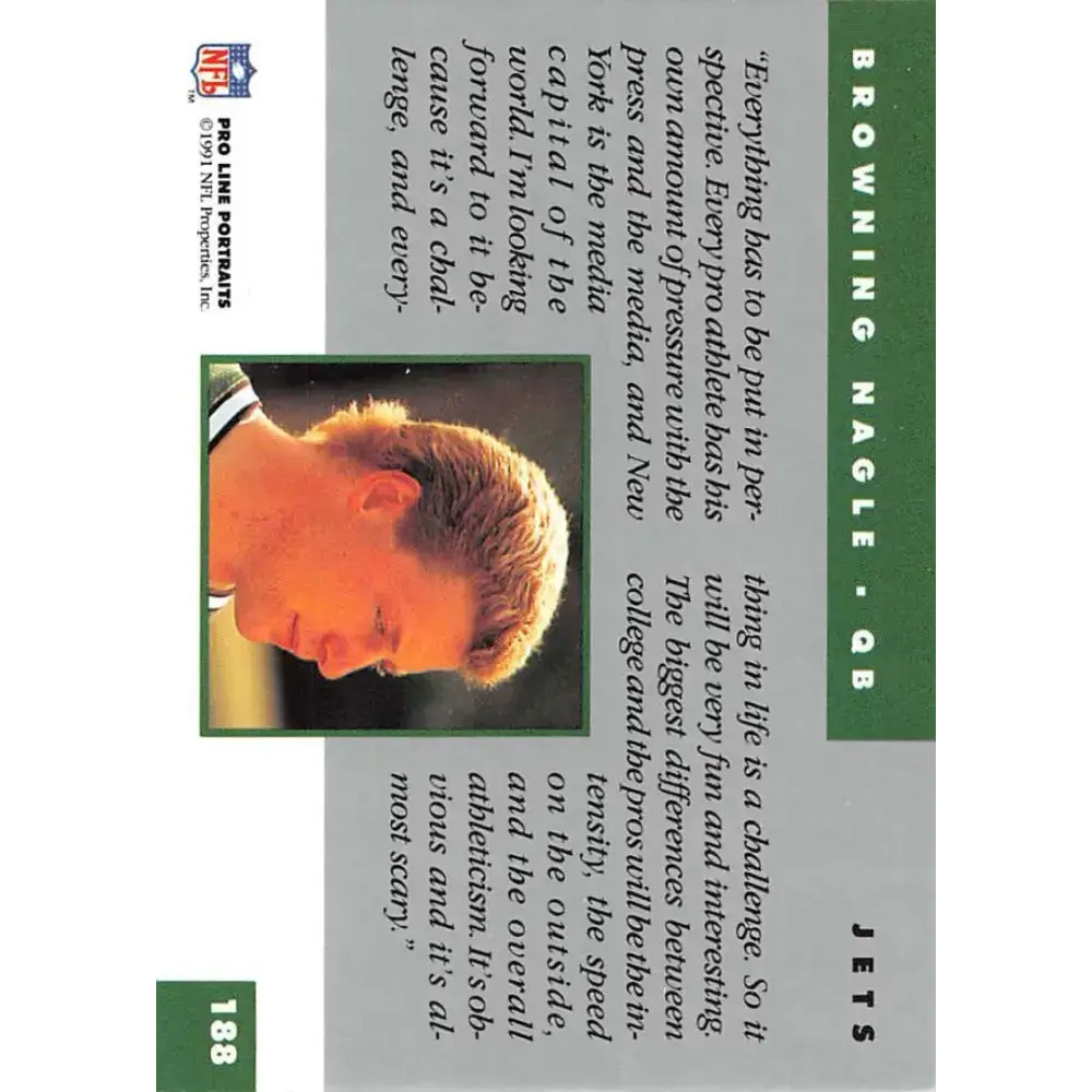 1991 Pro Line Portraits #188 Browning Nagle EX-NM RC Rookie New York Jets Football Card - Football Card Single