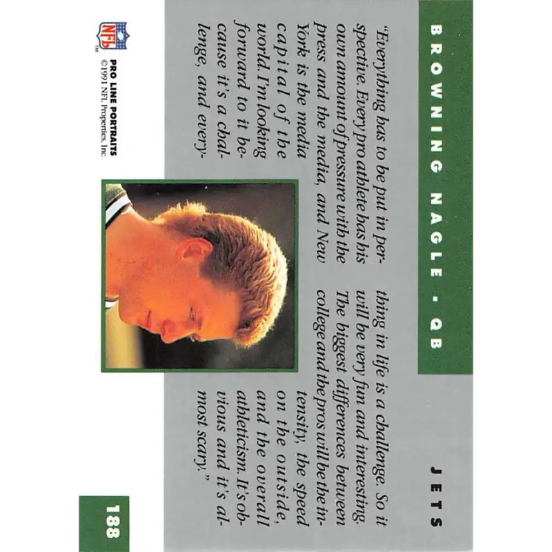 1991 Pro Line Portraits #188 Browning Nagle EX-NM RC Rookie New York Jets Football Card - Football Card Single
