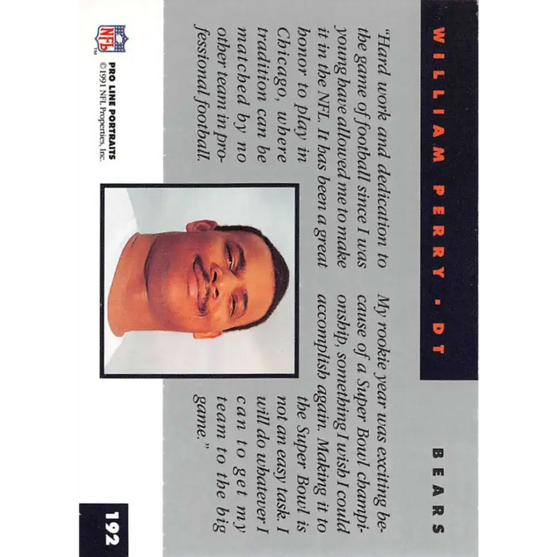 1991 Pro Line Portraits #192 William Perry EX-NM Chicago Bears Football Card - Football Card Single
