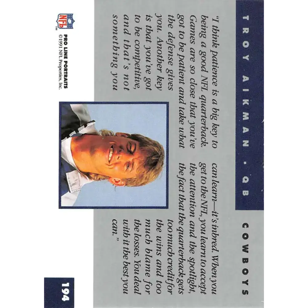 1991 Pro Line Portraits #194 Troy Aikman EX-NM Dallas Cowboys Football Card - Football Card Single