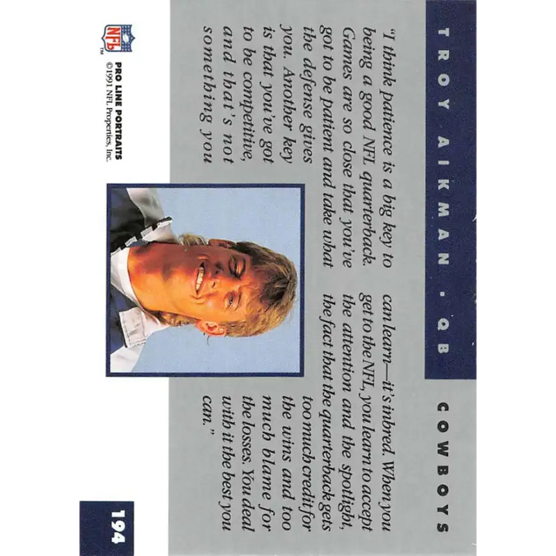 1991 Pro Line Portraits #194 Troy Aikman EX-NM Dallas Cowboys Football Card - Football Card Single
