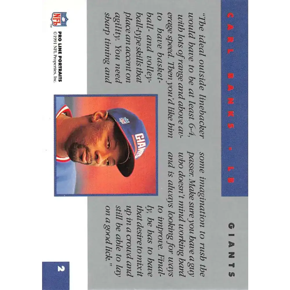 1991 Pro Line Portraits #2 Carl Banks EX-NM New York Giants Football Card - Football Card Single