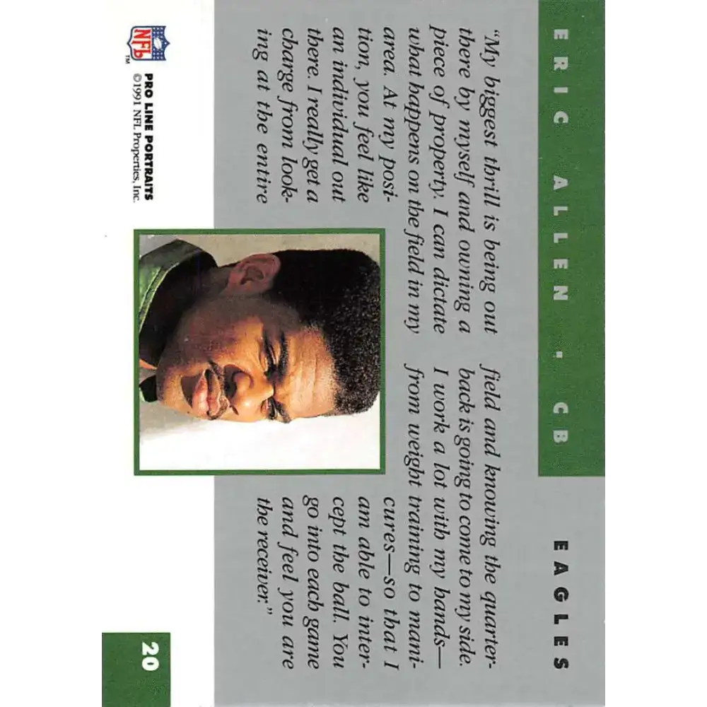 1991 Pro Line Portraits #20 Eric Allen EX-NM Philadelphia Eagles Football Card - Football Card Single