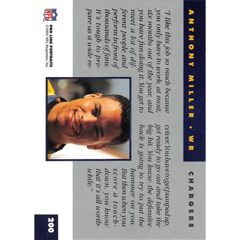 1991 Pro Line Portraits #200 Anthony Miller EX-NM San Diego Chargers Football Card - Football Card Single