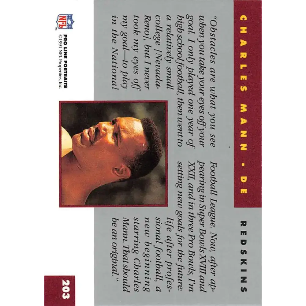 1991 Pro Line Portraits #203 Charles Mann EX-NM Washington Redskins Football Card - Football Card Single
