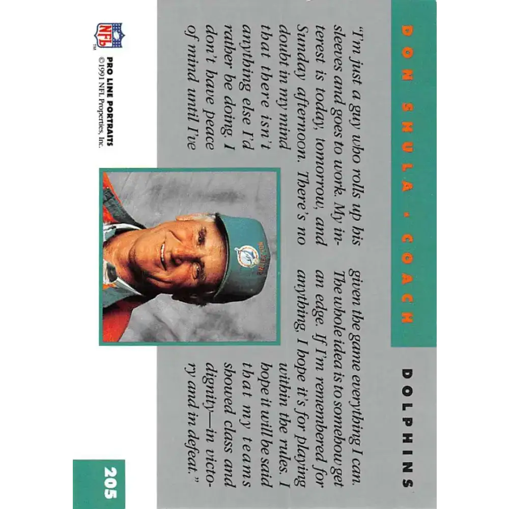 1991 Pro Line Portraits #205 Don Shula EX-NM Miami Dolphins Football Card - Football Card Single