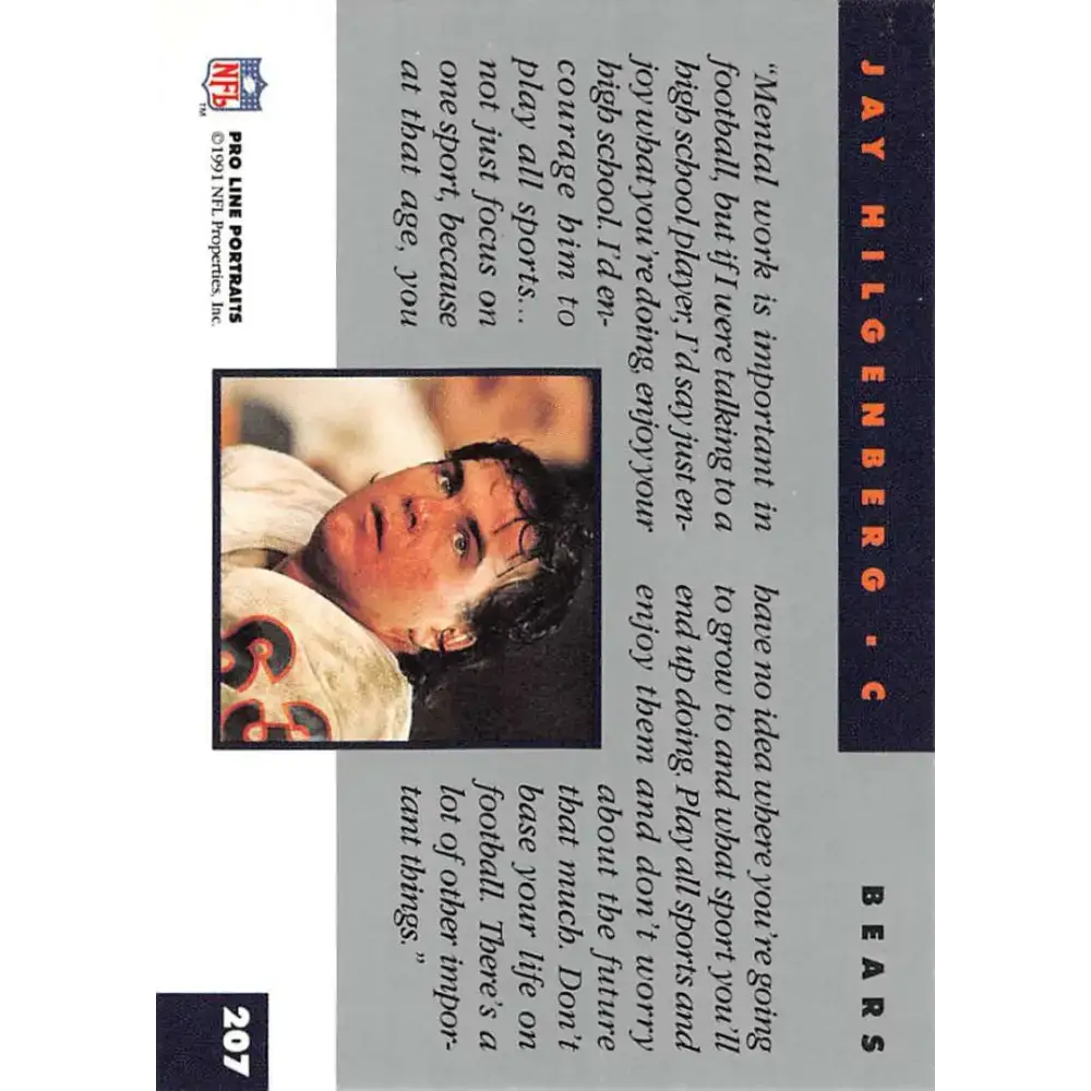 1991 Pro Line Portraits #207 Jay Hilgenberg EX-NM Chicago Bears Football Card - Football Card Single