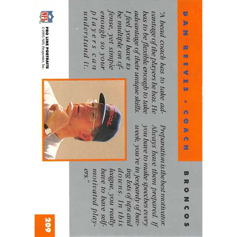 1991 Pro Line Portraits #209 Dan Reeves EX-NM Denver Broncos Football Card - Football Card Single