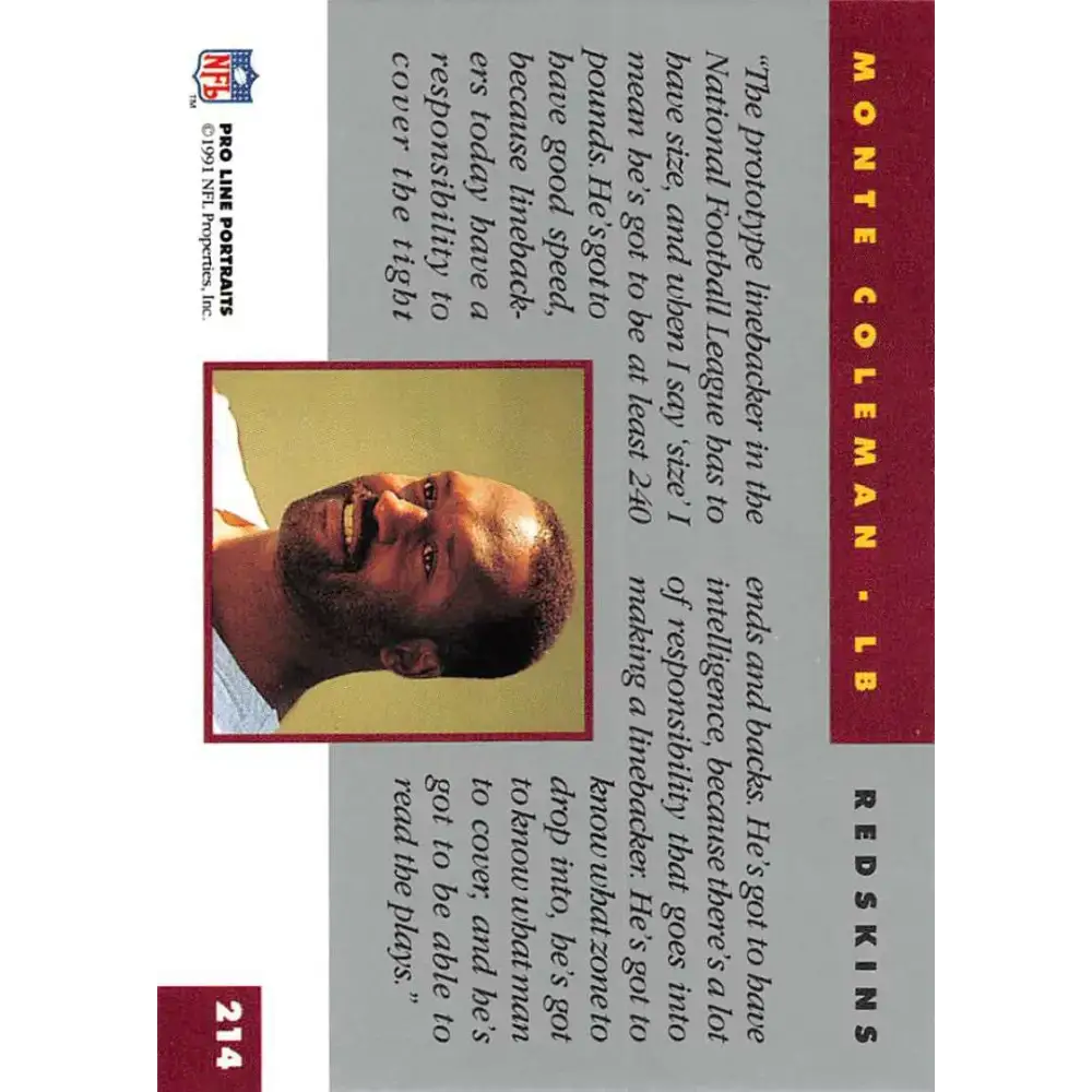 1991 Pro Line Portraits #214 Monte Coleman EX-NM Washington Redskins Football Card - Football Card Single