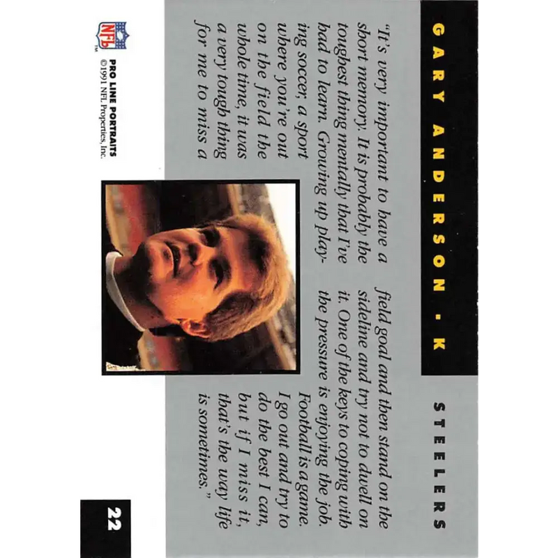 1991 Pro Line Portraits #22 Gary Anderson EX-NM Pittsburgh Steelers Football Card - Football Card Single