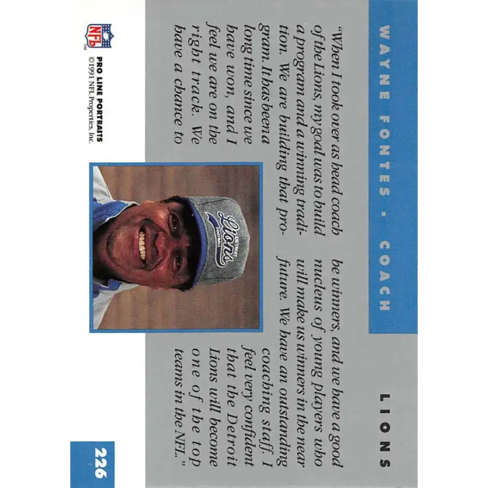 1991 Pro Line Portraits #226 Wayne Fontes EX-NM Detroit Lions Football Card - Football Card Single