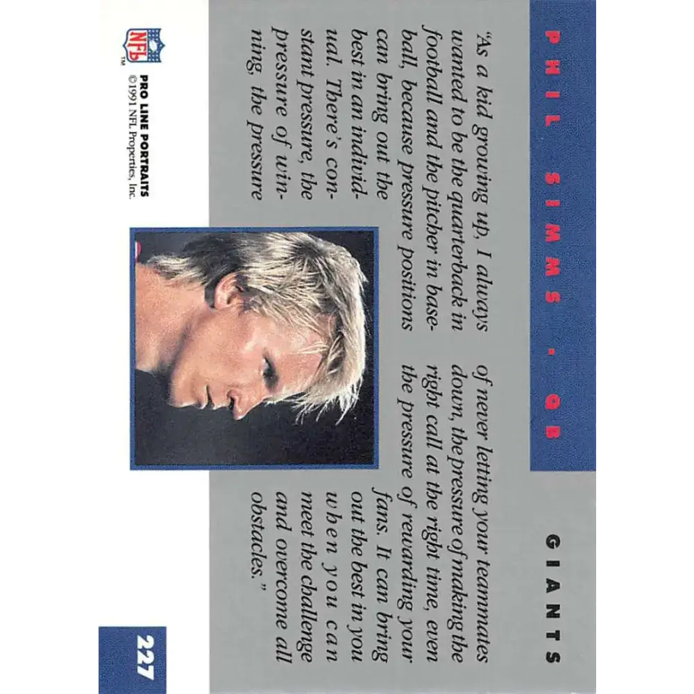 1991 Pro Line Portraits #227 Phil Simms EX-NM New York Giants Football Card - Football Card Single