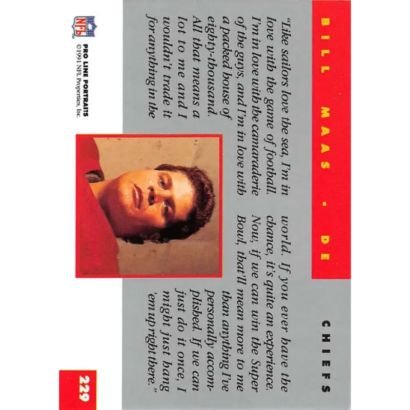 1991 Pro Line Portraits #229 Bill Maas EX-NM Kansas City Chiefs Football Card - Football Card Single