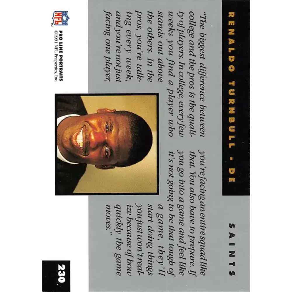 1991 Pro Line Portraits #230 Renaldo Turnbull EX-NM New Orleans Saints Football Card - Football Card Single