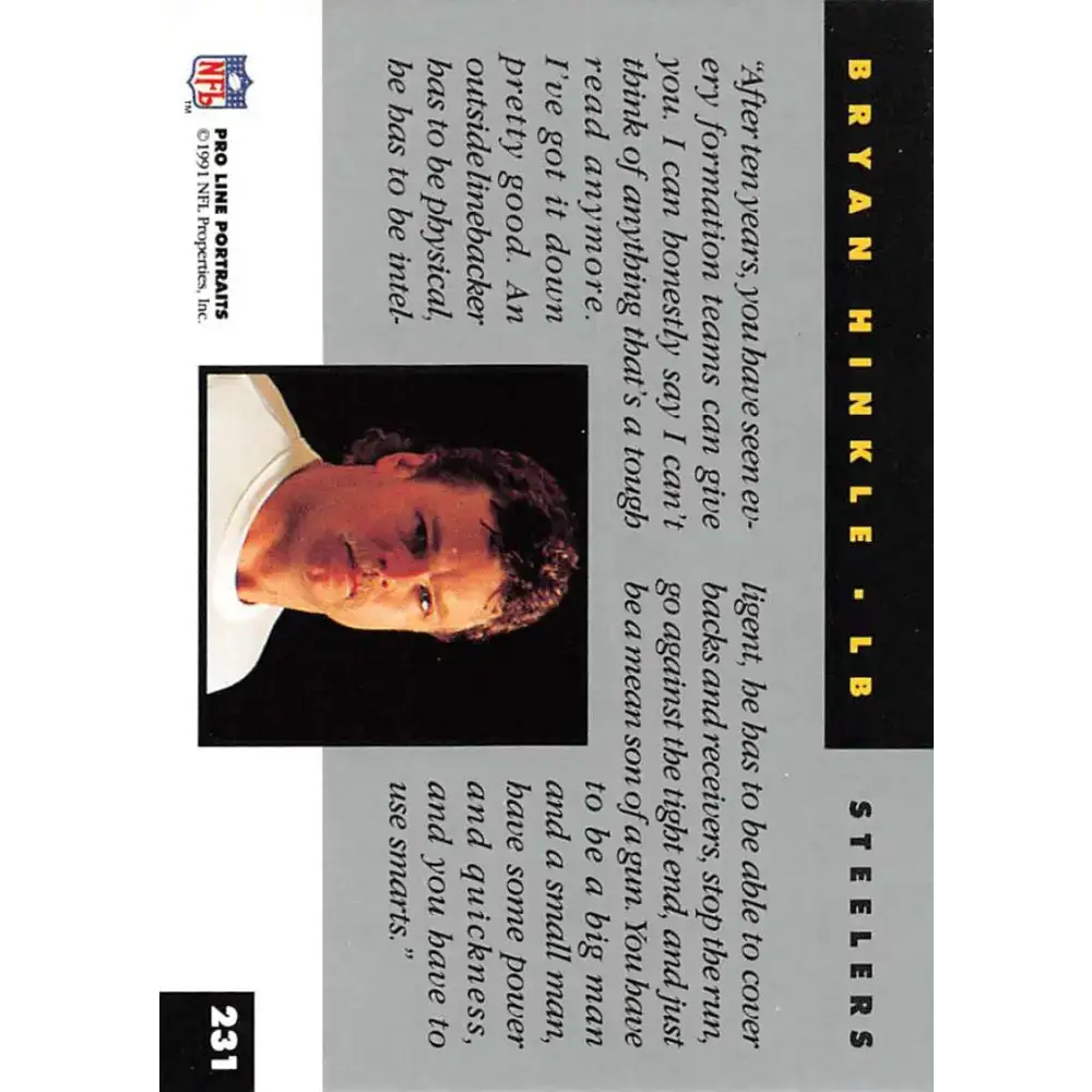 1991 Pro Line Portraits #231 Bryan Hinkle EX-NM Pittsburgh Steelers Football Card - Football Card Single