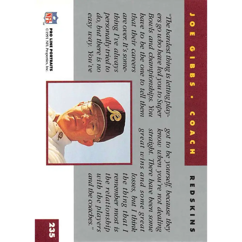 1991 Pro Line Portraits #235 Joe Gibbs EX-NM Washington Redskins Football Card - Football Card Single