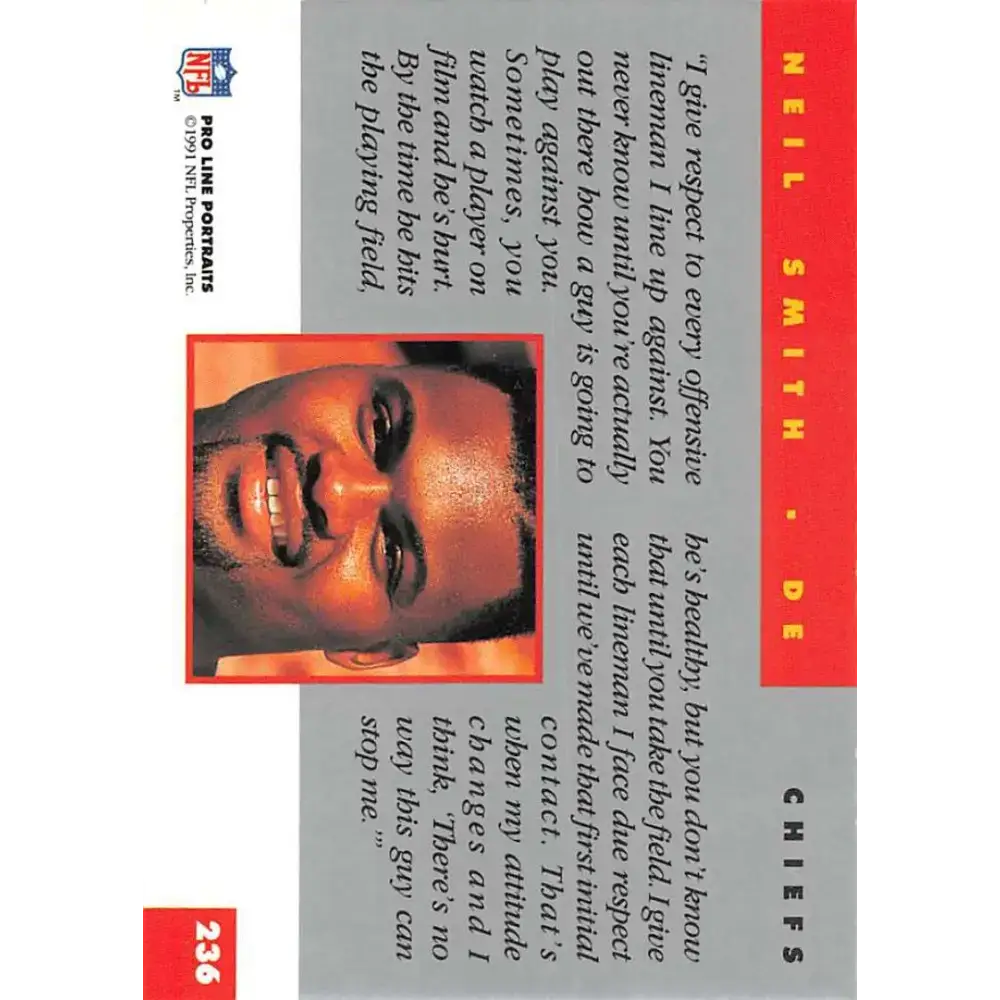 1991 Pro Line Portraits #236 Neil Smith EX-NM Kansas City Chiefs Football Card - Football Card Single
