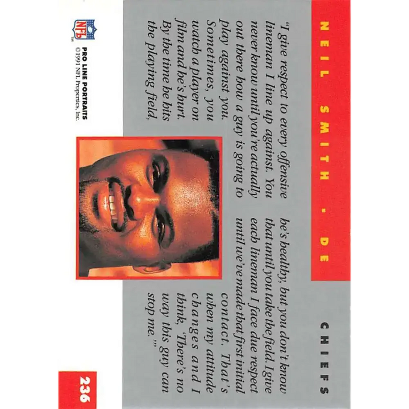1991 Pro Line Portraits #236 Neil Smith EX-NM Kansas City Chiefs Football Card - Football Card Single